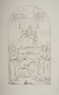 Maria med barnet og Johannes Døberen på en trone omgivet af Sankt Frans (?), evangelisten Johannes (?), Sankt Hieronymus og andre helgener