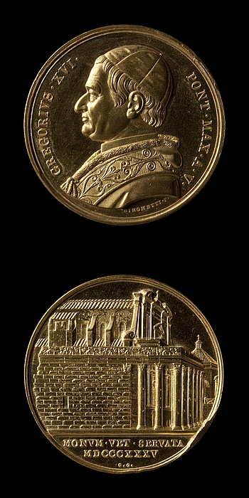 Medalje forside: Pave Gregor 16. Medalje bagside: Antonins og Faustinas Tempel ved Forum