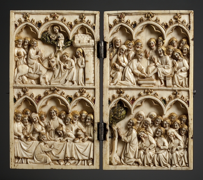 Diptych: Indtoget i Jerusalem. Nadveren. Fodvaskningen. Gethsemane Have. Maria med barnet. Den korsfæstede Kristus
