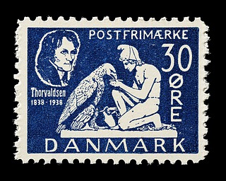 Prøvetryk af udkast til et dansk frimærke med Thorvaldsens Ganymedes med Jupiters ørn