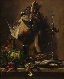 Nature morte med grøntsager og vildt på et køkkenbord