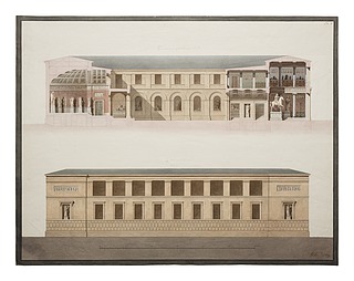 Thorvaldsens Museum, længdesnit og opstalt af facade mod Kanalen