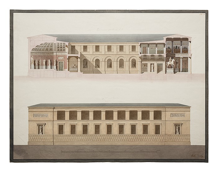 Thorvaldsens Museum, længdesnit og opstalt af facade mod Kanalen