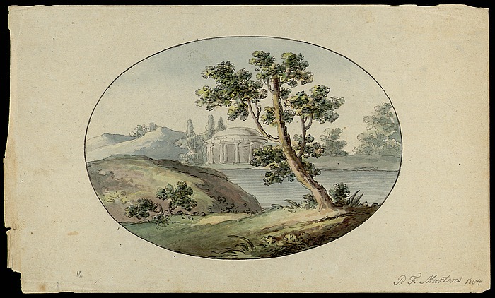 Landskab med mausoleum (?)