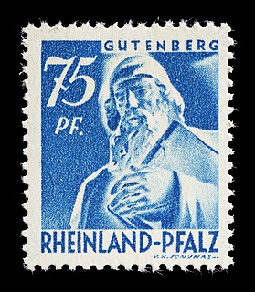 Frimærke udgivet i den franske besættelseszone, Rheinland-Pfalz med Thorvaldsens statue af Johann Gutenberg