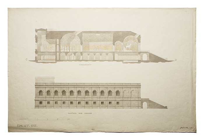 Thorvaldsens Museum, udkast No.2 til længdesnit og opstalt af facade mod kanalen