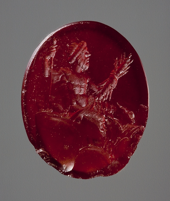 Zeus, siddende med tordenkile og scepter. Hellenistisk-romersk ringsten