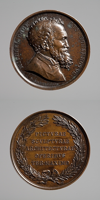 Medalje forside: Michelangelo. Medalje bagside: Inskription, krans af oliegren og laurbærgren