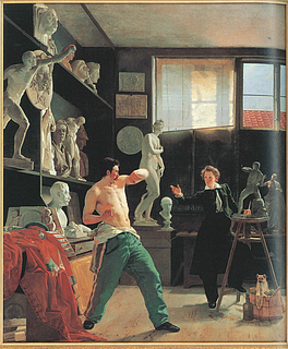 Wilhelm Bendz: En billedhugger arbejder efter levende model i sit atelier, 1827