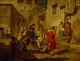 Johan August Krafft: Karnevalstreiben auf einer Straße in Rom, 1828 - Copyright gehört Thorvaldsens Museum