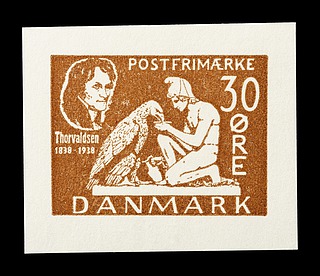 Prøvetryk af udkast til et dansk frimærke med Thorvaldsens Ganymedes med Jupiters ørn
