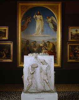 Døbefonten omgivet af religiøse malerier fra Thorvaldsens samling (Rum 28), Copyright tilhører Thorvaldsens Museum