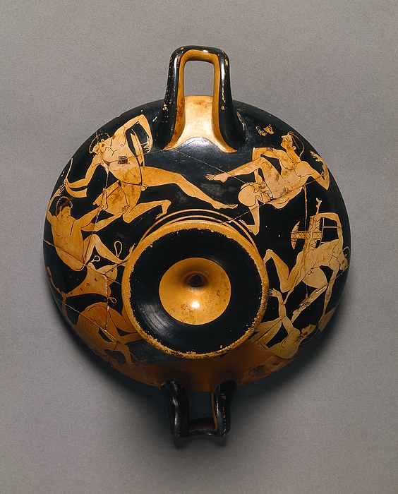 Kylix med berusede ynglinge (A, B) og en kvinde ved et badebækken (tondo). Græsk
