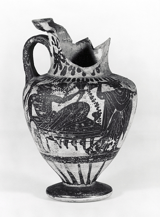 Amfora med Dionysos, silen og mænade (A) og to krigere i kamp (B). Græsk
