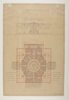 Thorvaldsens Museum, projekt med udgangspunkt i den ufuldendte Frederiks Kirke kaldt Marmorkirken, opstalt og plan