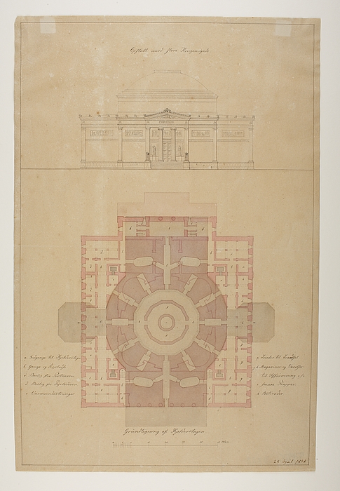 Thorvaldsens Museum, projekt med udgangspunkt i den ufuldendte Frederiks Kirke kaldt Marmorkirken, opstalt og plan