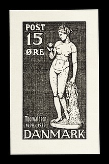 Prøvetryk af udkast til et dansk frimærke med Thorvaldsens Venus med æblet