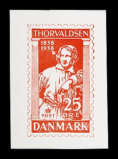 Prøvetryk af udkast til et dansk frimærke med Thorvaldsens portræt