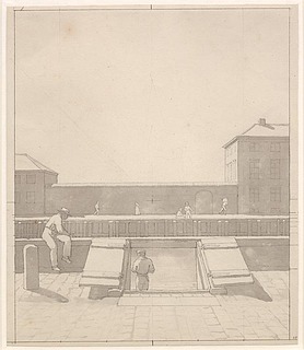 C.W. Eckersberg, Idealprospekt af Charlottenborg og Botanisk Haves gartnerbolig, set fra Nyhavns nordside, 1845, SMK