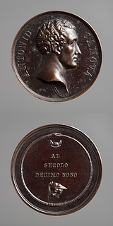 Medalje forside: Antonio Canova. Medalje bagside: Minerva og Merkurs vingede hat omkranset af en slange