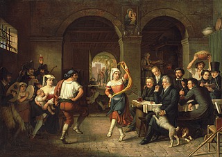 Dietrich Wilhelm Lindau: Saltarello-dans i et romersk osteri ved afskedsfesten for J.M. Thiele og H.C. Holten, 1827