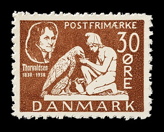 Prøvetryk af udkast til et dansk frimærke med Thorvaldsens Ganymedes med Jupiters ørn