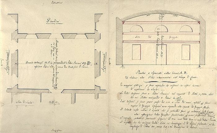 Villa Sommariva før Thorvaldsens frise Alexander den Stores indtog i Babylon opsættes, plan og længdesnit af sal