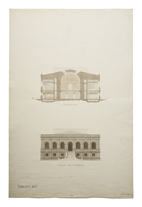 Thorvaldsens Museum, udkast No.2 til tværsnit og opstalt af facade mod Stormbroen