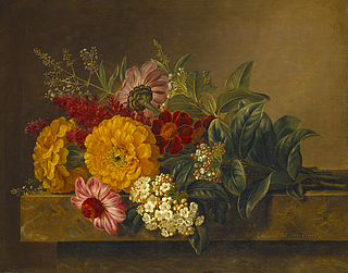 Nature morte med blomster på en marmorbordplade