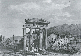 Théodose-Achille-Louis Vicomte du Moncel: Den vestlige indgang til Den romerske Agora (»Athena Archegetisporten«), 1845 - Copyright tilhører Benaki Museet, Athen