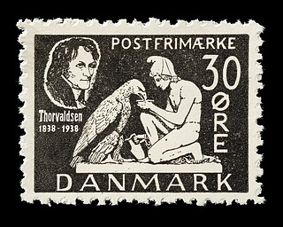 Prøvetryk af udkast til et dansk frimærke med Thorvaldsens Ganymedes med Jupiters ørn
