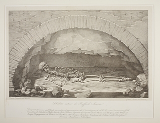 Giambattista Borani efter tegning af Vincenzo Camuccini: Rafaels skelet ved åbningen af hans grav, ca. 1833 (Copyright tilhører Thorvaldsens Museum)