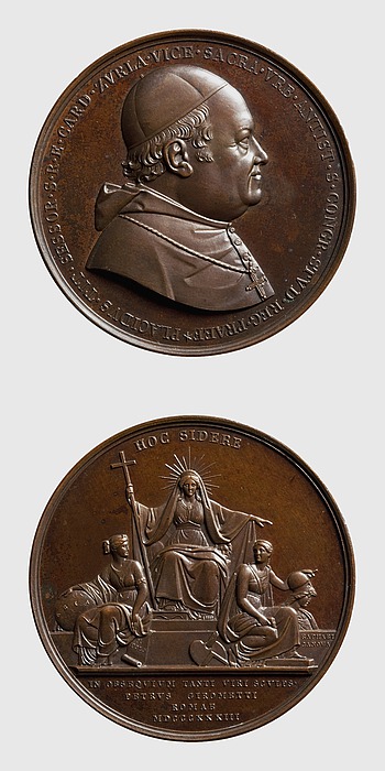 Medalje forside: Kardinal Zurla. Medalje bagside: Religionen troner ovenover geografien og kunsten