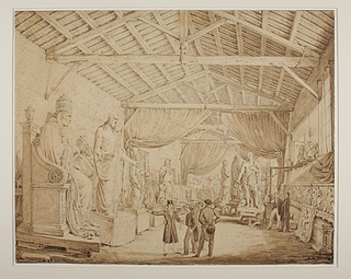 Luigi eller Fabio Ricciardelli: Ludwig 1. af Bayern aflægger besøg i Thorvaldsens værksteder ved Piazza Barberini, 1829 - Copyright tilhører Thorvaldsens Museum