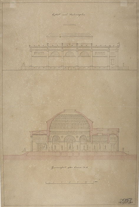 Thorvaldsens Museum, projekt med udgangspunkt i den ufuldendte Frederiks Kirke kaldt Marmorkirken, opstalt og snit