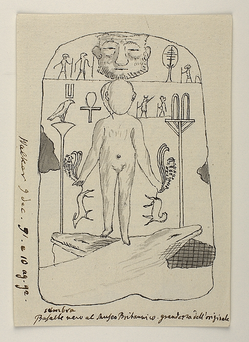 Skæget maske. Figur stående på to krokodiller. Hieroglyffer