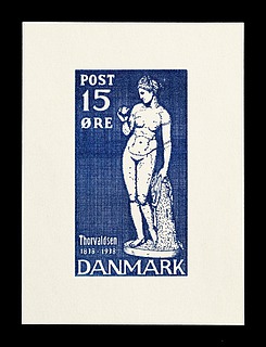Prøvetryk af udkast til et dansk frimærke med Thorvaldsens Venus med æblet