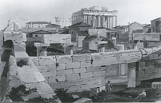 Edward Dodwell: Akropolis plateauet med Parthenon og nyere tids bebyggelse set fra Propylæerne, Athen, 1821