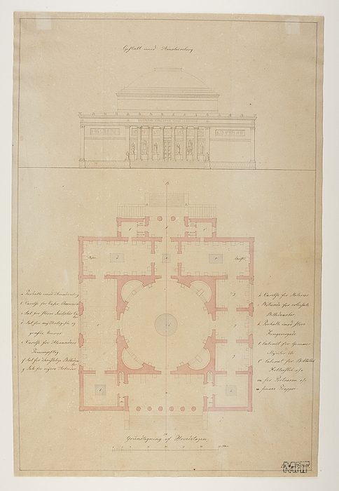 Thorvaldsens Museum, projekt med udgangspunkt i den ufuldendte Frederiks Kirke kaldt Marmorkirken, opstalt og grundplan
