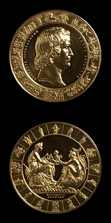Thorvaldsen Medaljen forside: Portræt af Thorvaldsen. Medaljens bagside: Galathea overrækker Danmark Thorvaldsens Amor med lyren  